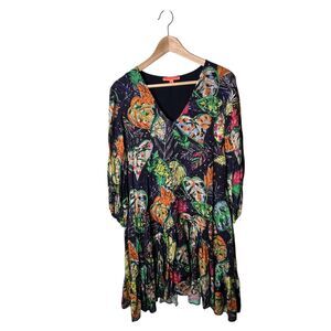 Vilagallo 3/4 Sleeve Ruffle Dress Sz L Tropical Boho Beach V-Neck Shift Dress